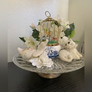 Vintage Musical birdcage bundle with swan and cat figurines.